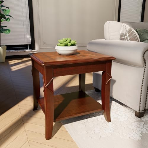Vintage Cherry Solid Wood End Tables Living Room, Queen Anne Style Accent Side Table with Cabriole Legs, 2-Tier Nightstand with Storage Shelf, 19.7" Wx17.7 Dx19.7 H, Cherry Walnut CJZ-DR200