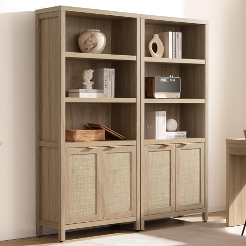 Bookcase 71" Tall Bookshelf 5 Tier Rattan Boho Bookcase with Doors Storage Large Book Case Shelf Farmhouse Bookshelves Library Book Shelves for Living Room Bedroom Home Office Kitchen