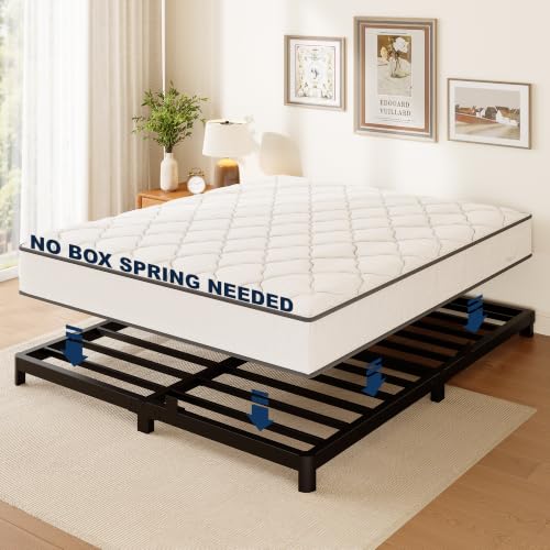 Queen Bed Frame, 4 Inch Low Profile Metal Platform Bed with Round Legs, view 8