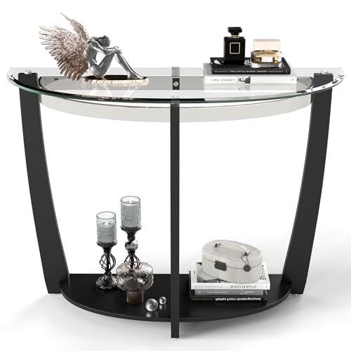 2-Tier Glass Console Table, Half Moon Modern Entryway Table with Tempered Glass Top & Open Storage Shelf, Narrow Long Sofa Table for Living Room, Hallway, Foyer, Entrance (Black)