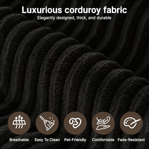 78" Convertible Sofa Bed, Corduroy Futon Couch with Storage Pocket, Boneless Pull Out Sleeper Sofa, Foldable Couch for Living Room Bedroom, No Assembly Space Saver, Black