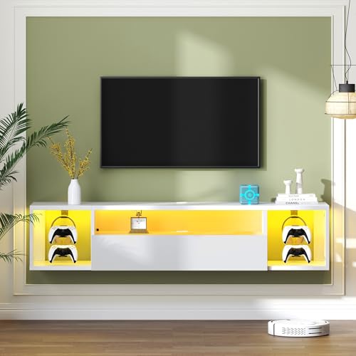 55.1" W Floating TV Stand with LED, Wooden Entertainment Center, view 7
