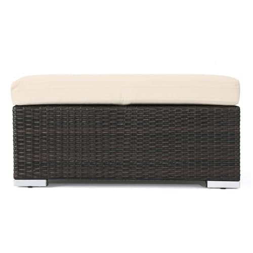 Outdoor Wicker Ottoman with Cushion for Stylish Patio Furniture, Versatile Garden Footrest or Extra Seating, Comfortable and Durable, Beige