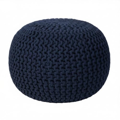 Hand Knitted Upholstered Pouf Cotton Braid Cord Cable Ottoman - Foot Stool - Accent Seat Furniture Bean Bag 18x18x14 Inches - Blue (Navy)