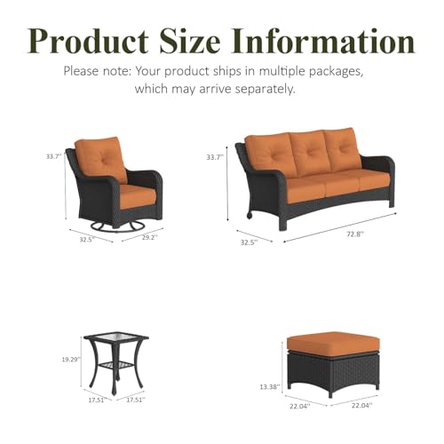 6 Piece Wicker Outdoor Furniture Set with 6-inch Comfy Cushions, High Back Patio Furniture Set with Swivel Rocking Chairs and Side Table