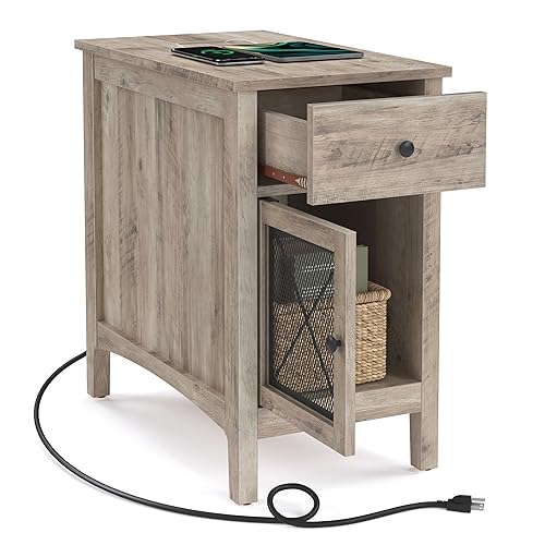 VASAGLE Side Table with Storage, End Table with USB Ports and Outlets, Nightstand with Charging Station, Drawer, Storage Cabinet, Magazine Rack, for Living Room, Bedroom, Greige ULET312T02