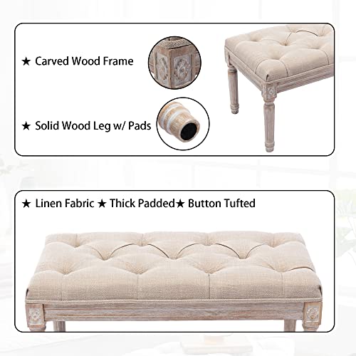 Upholstered Fabric Entryway Bench, Tufted Piano Bench for 2 People, Rubber Wood Legs with Beautiful Carved Pattern for Bedroom/Living Room/Dining Room (Beige)