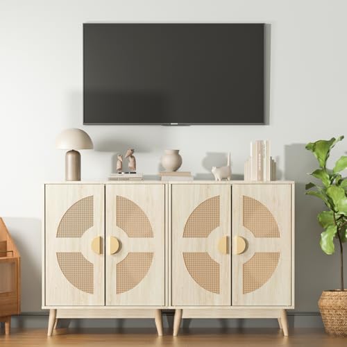 Buffet Cabinet with Storage Sideboard Accent Modern Credenza with Doors & Shelves 32.9" Rattan Media Console Mid Century Coffee Bar Table for Living Room Kitchen Dining Room Hallway