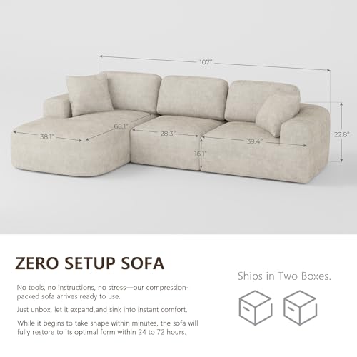 107" Boneless Cloud Couch, Modular Sectional Sofa with Deep Seat & Chaise, No Assembly Sofa-in-Box, Convertible L-Shape for Living Room Apartment, Bouclé, Oatmeal Beige