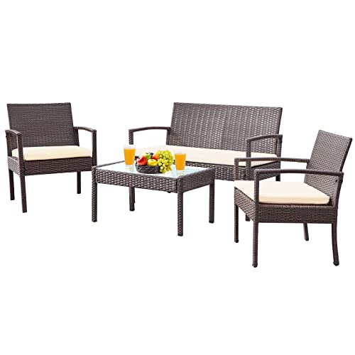 4 Piece Outdoor Patio Furniture Set, Rattan Patio Conversation Set | Thick Polyester Cushions, Tempered Coffee Table, Steel Frame Easy Assembly, Suit for Backyard Porch Poolside Balcony, Beige