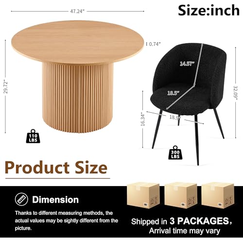 5-Piece Modern Kitchen Dining Room Table Set for 4, 47-Inch Oak Wooden Dining Table Round with 4 Seated Black Arm Chairs Upholstered Sherpa, Mid-Century Breakfast Nook Table Set