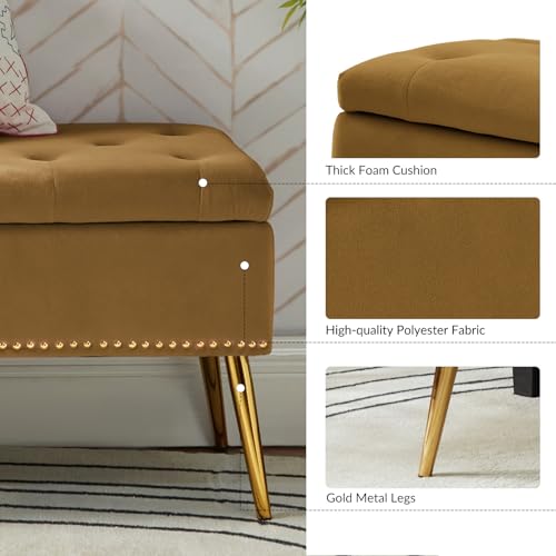 Modern Velvet Storage Ottoman Bench with Gold Base & Nailhead Trim, Upholstered Bedroom Bench for End of Bed, Button-Tufted Footstool for Entryway Living Room Dining Room, Golden