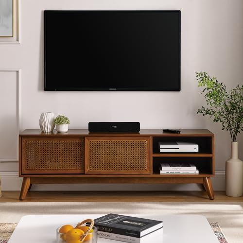 Mid Century Modern Rattan TV Stand for 65 Inch TV,59" Boho Media Console with Sliding Doors & Open Shelves,Solid Wood Legs for Living Room,Light Walnut