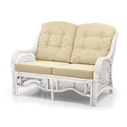 Malibu Lounge Set of 2 Natural ECO Rattan Wicker Chairs, Loveseat with Cream Cushion and Coffee Table w/Glass Handmade, White Color