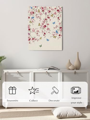 Summer Pink Flower Leaf Linen Texture Canvas Wall Art Prints,48"x32" Framed Picture Artwork Pastoral Floral Butterfly Printed Canvas Oil Painting for Living Room Bedroom Office,Ready to Hang
