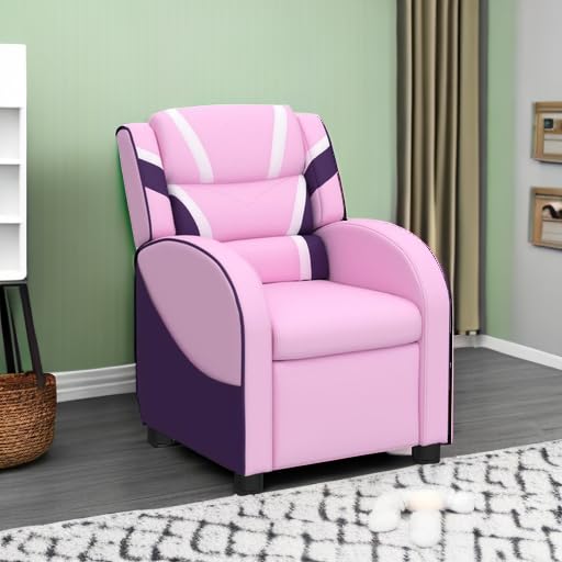 Kids Recliner, Gaming Recliner Chair w/Footrest, Headrest, Lumbar Support & Side Pockets, Ergonomic Leather Lounge Chair for Living & Gaming Room, Adjustable Recliner Sofa for Boys Girls, Pink