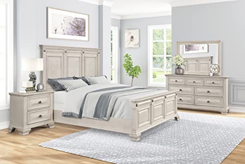 Renova Distressed Parchment Wood Bedroom Set, Panel Bed, Dresser, Mirror, Nightstand, King