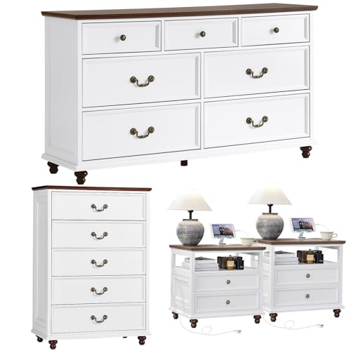 24" Wide Farmhouse Nightstand with Charging Station Set of 2,54" 7 Drawers Dresser, 45" Tall Rustic Chests of 5 Drawers, Farmhouse Furniture Series for Bedroom,White