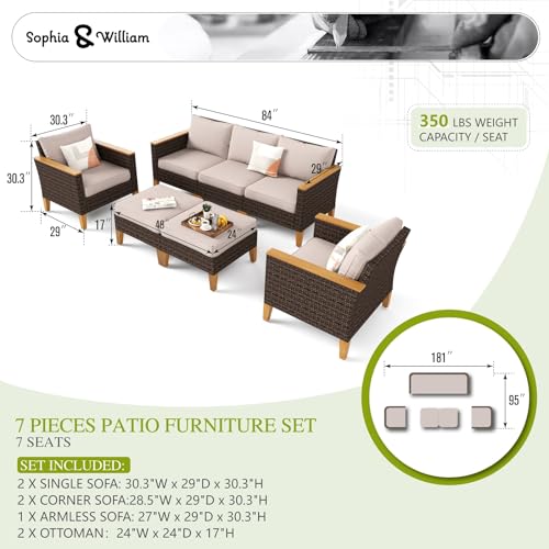Wicker Patio Furniture Set, Outdoor Rattan Sectional Sofa 7 Piece Patio Conversation Set with 2 x Corner Sofa, 2 x Single Chairs, 1 x Armless Couch, 2 x Ottoman for Deck, Backyard