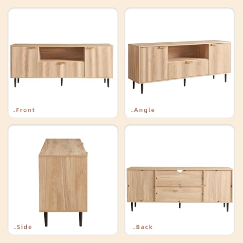Modern Fluted TV Stand for 65 Inch TVs with Drawer, Oak | Modern fluted TV stand with drawer, storage cabinets, soft-close hinges and cable management, perfect for living rooms.
