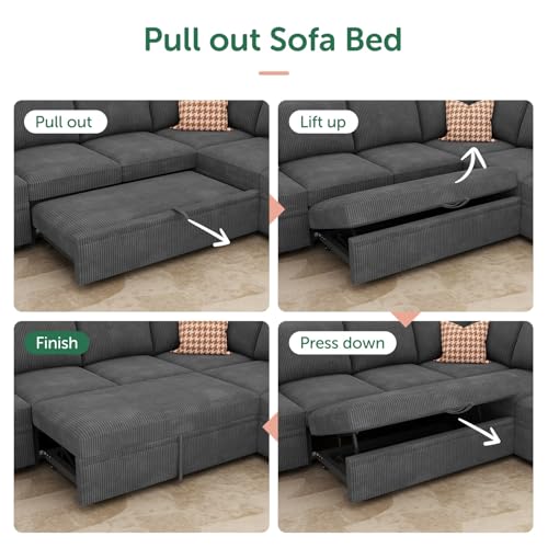 Modular Sectional Sleeper Sofa with Pull Out Bed, Corduroy L Shaped Couch with Storage Seats, Convertible Sectional Couches for Living Room, Dark Grey