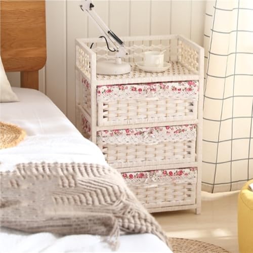Rattan-Like Nightstand, Storage Cabinet with 3 Drawers, Minimalist Side Tables, view 2