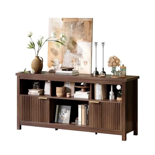 58" Fluted TV Stand for TVs up to 70", Modern TV Stand with Storage & Adjustable Shelves, Elegant Media Console Entertainment Center for Living Room & Bedroom, Walnut