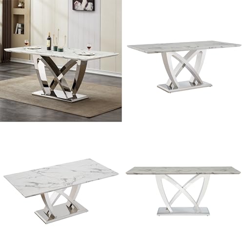 Marble Dining Table for 6 People, 70'' Rectangle Faux Marble Dining Table with Mirrored Stainless Steel Base, Large Size Marble Kitchen Table (Silver,White)(only Table)