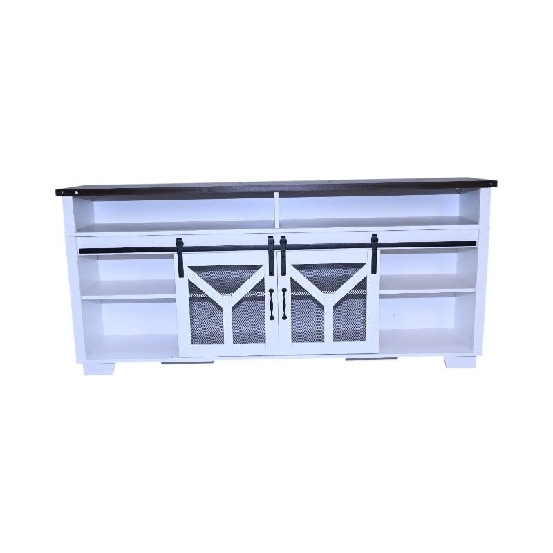 65" Farmhouse TV Stand with Sliding Barn Doors, White & Walnut, view 8
