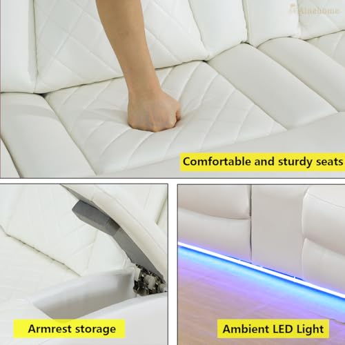 Power Recliner Sofa Set Sectional Couches with LED Light for Living Room, Leather Reclining Corner Sectional Sofa Set with 2 Recliner Seats, Cup Holder, Storage Console, Creamy White