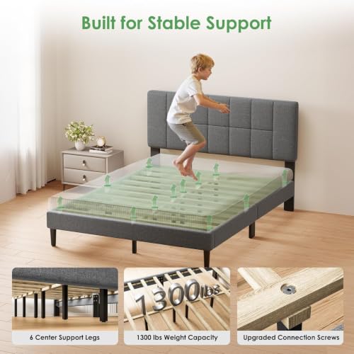 Upholstered Queen Bed Frame with Headboard, Modern Bed Frame, Gray, view 7