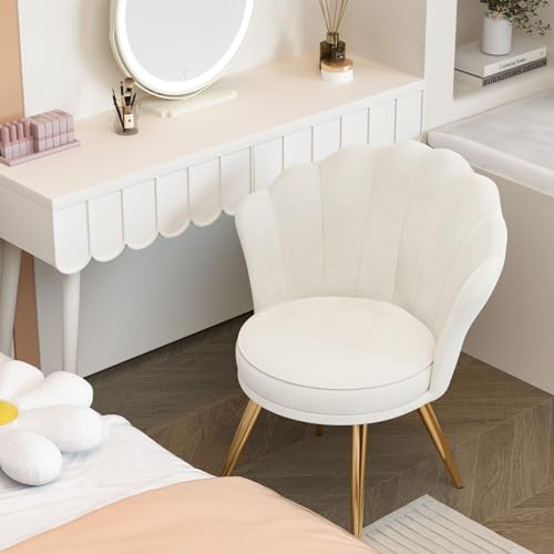 Velvet Accent Chair with Gold Metal Legs, Vanity Chair for Makeup Room, Upholstered Guest Chair for Living Room, for Bedroom, White