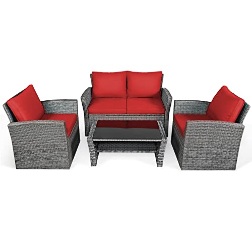 4 Pieces Patio Rattan Furniture Set, Outdoor Wicker Sofa Set with Tempered Glass Coffee Table, Cushions, All Weather Rattan Conversation Set for Yard Balcony Backyard Pool (Red)
