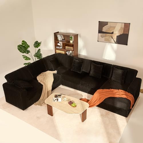 139" U-Shaped Cloud Couch, Modular Sectional, Deep Seats, Black | Pocket Spring Cushions, Oversized 7-Seater, Right Facing Chaise, Corduroy Upholstery Couches for Living Room, Not Boneless