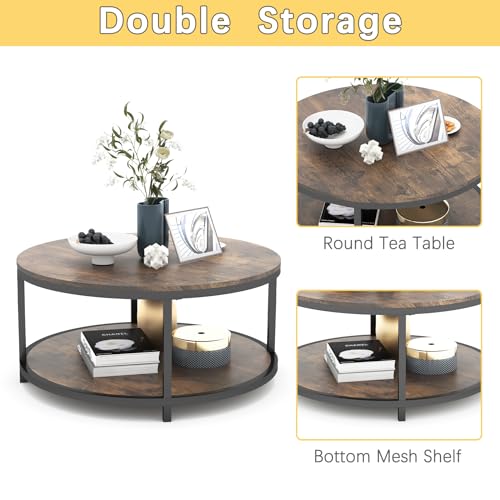36 inches Round Coffee Table, Rustic Wooden Surface Top & Sturdy Metal Legs Industrial Sofa Table for Living Room Modern Design Home Furniture with Storage Open Shelf (Brown)