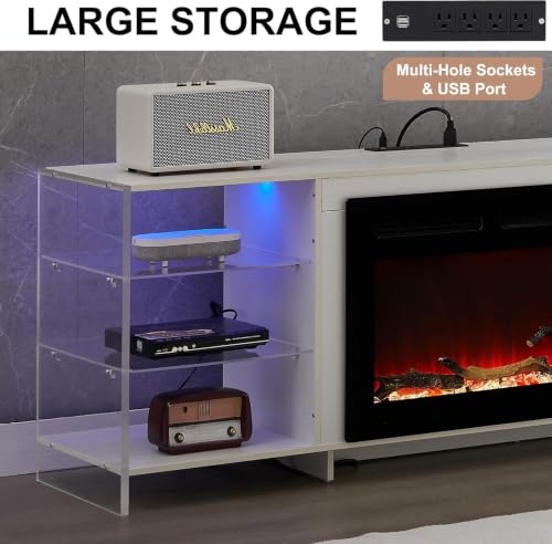 70.5" Electric Fireplace TV Stand for 75" TV with LED Storage, White, view 8