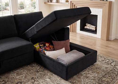 Sectional Sleeper Sofa with Pull Out Bed U-Shape Sectional Couch with Storage Chaise 6 Seater Sleeper Sectional Sofa Bed, Velvet Black