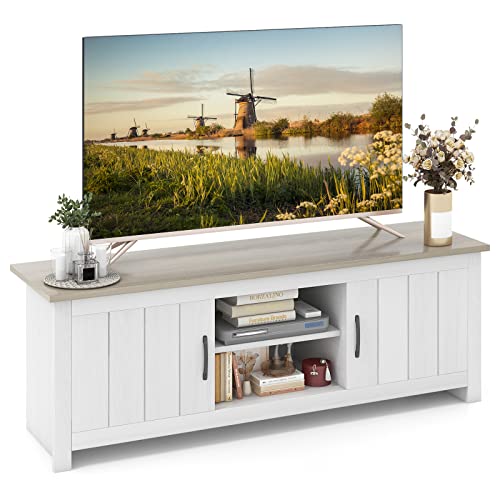 2 Doors TV Stand for TVs up to 65”, 57” Media Console Table w/ 2 Cabinets & Open Shelves, 2 Cable Management Holes. Wood Entertainment Center Cabinet for Living Room (White Oak)