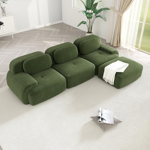 Modular Sectional Sofa Boneless Couch, Cloud Sectional Couches for Living Room, Oversized L Shaped Couch with Deep Seat and Ottoman, Comfy Corduroy Upholstery Green Couches, No Assembly(3S+1O)
