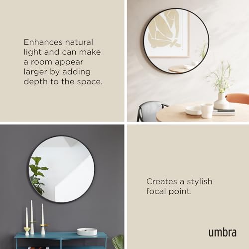 Hub Round Wall Mirror with Rubber Frame, Modern Style for Bathroom, Entryway, Living Room and More, 37-Inch, Black