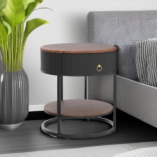 Round End Table with Drawer, Wood Grain Bedside Table, Brown and Black | 2-Tier Nightstand with Drawer, Side Table, Shelf, MDF Board, PVC, Metal Frame, Living Room, Bedroom, office