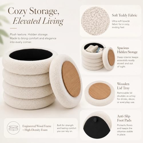 Round Storage Ottoman, Modern Sherpa Footstool, Teddy Vanity Stool with Flip-Top Tray, Makeup Chair for Home Decor, Upholstered Footrest for Living Room & Bedroom (White)