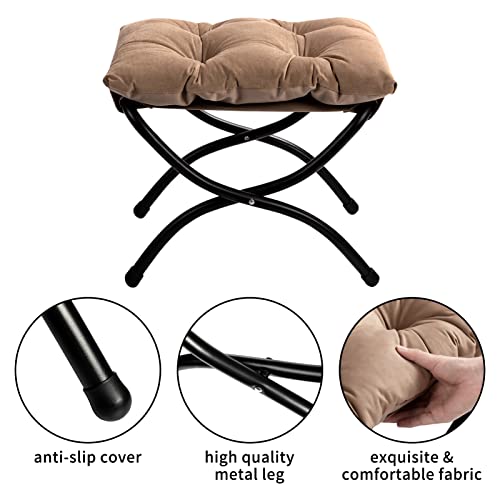 15"(H) Folding Footrest Stool, Upholstered Small Foldable Ottoman, Accent Padded Sofa Foot Stool for Lazy Chair, Metal Frame Portable Foot Rest Ottoman for Living Room, Bedroom, Dark Brown