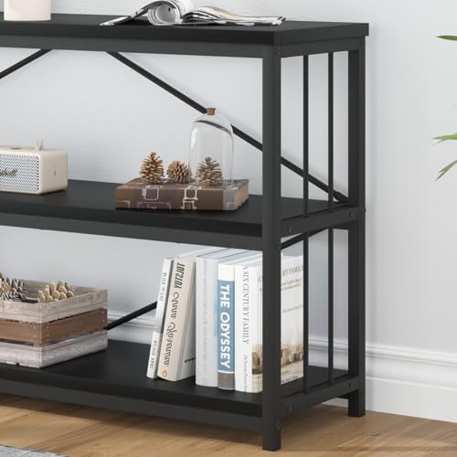 63" Black Low Horizontal Bookcase, Modern Long Wood Metal 3 Tier Book Shelf, Farmhouse Vintage Big Open Sturdy Bookshelf, Simple Large Wide Etagere for Home Living Room Office Bedroom, Black Oak
