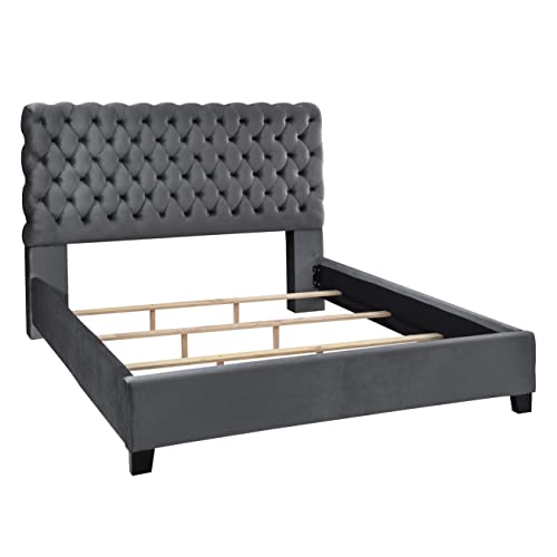 Apoera Velvet Upholstered Button Tufted Bed, King, Gray
