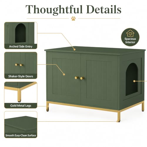 Cat Litter Box Enclosure, Cat Washroom Furniture with Metal Frame, Pet House, Fit Most of Litter Box, Modern Style, Green and Gold
