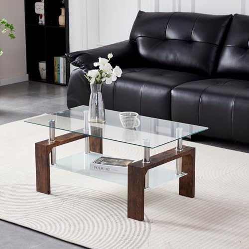 Coffee Table - Rectangle Glass Coffee Table with Simple and Classical Inspired Design, Easy Assembly for Modern Living, 39.5 * 23.5 * 17.5 inches (Brown)