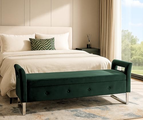 Storage Bench for Bedroom, 67.9'' End of Bed King Size Green Ottoman Upholstered Velvet Shoe Bench for Entryway, Hallway, Bedroom, Cloakroom, Window Bench, Green.
