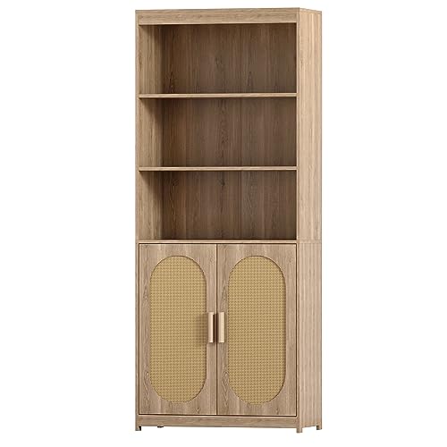Rattan Bookcase with Doors 72 in Tall Boho Bookshelf 5 Shelves Floor Standing Book Storage Cabinet 3 Display Shelves Mid Century Modern Bookshelf Wicker Bookshelves