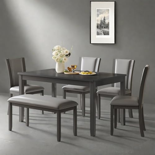 Dining Table Set for 6, Farmhouse 6 Piece Dining Room Table Set with Rectangular Table, 4 Upholstered Backrest Chairs and Bench, Counter Height Kitchen Sets with Warm Woodgrain Finish, Gray